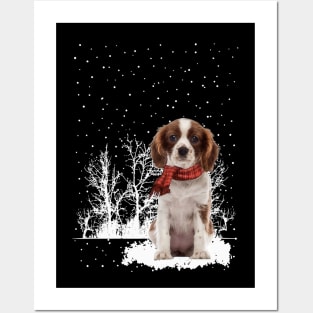 Cavalier King Charles Spaniel With Scarf In Winter Forest Posters and Art